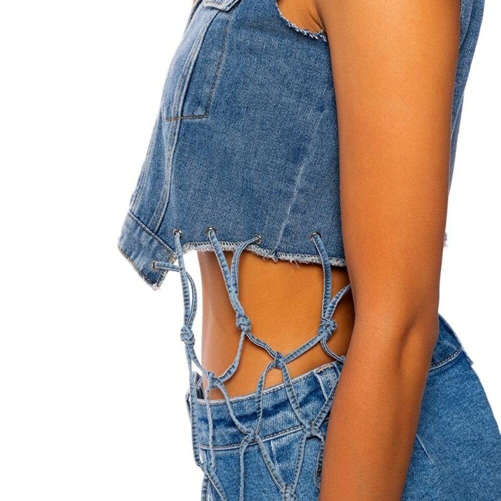 SOLD OUT 💔Callie Lives Miz AKIRA For The Ages Crop Large Blue Denim Net Vest - Picture 2 of 6